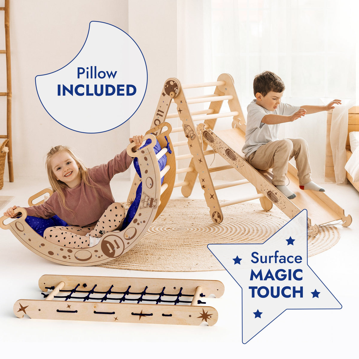 Apollo 5in1 Climbing Set:  Pikler Triangle, Net, Arch, Slide Board, and Cushion for Little Astronauts