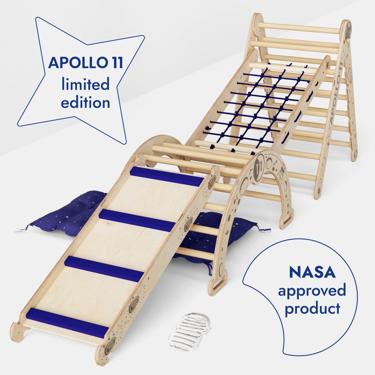 Apollo 5in1 Climbing Set:  Pikler Triangle, Net, Arch, Slide Board, and Cushion for Little Astronauts