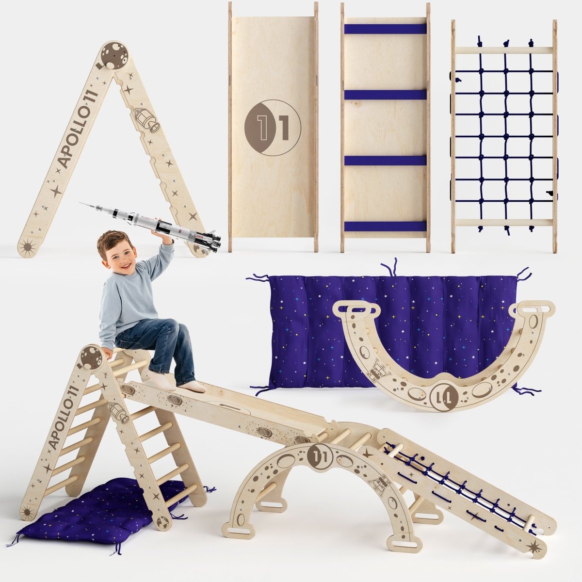 Apollo 5in1 Climbing Set:  Pikler Triangle, Net, Arch, Slide Board, and Cushion for Little Astronauts